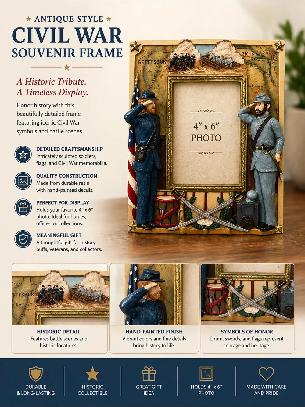 Antique-Style Civil War Souvenir Photo Frame - Blue & Tan